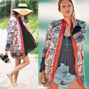 Free People Floral and Denim Utility Jacket with Red Trim